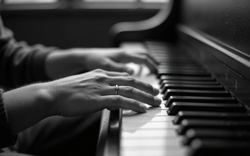 A beginner's hands on the keys of a well-kept used piano