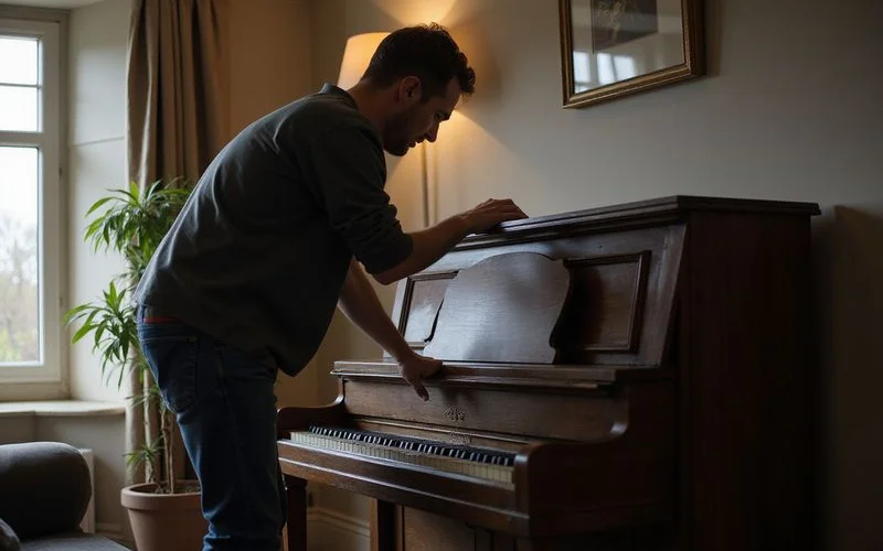 A delivered upright piano being positioned against a wall in a home