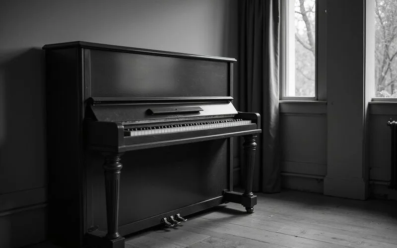 A slim-profile upright piano placed against a wall