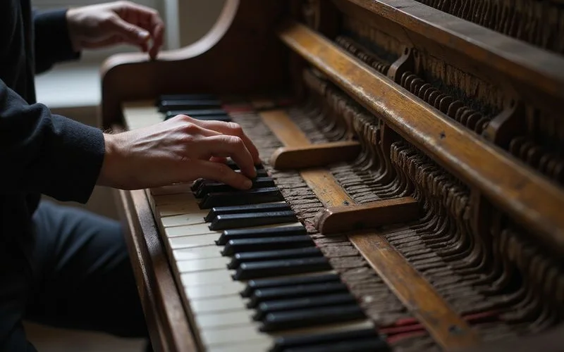 A technician's hands working on the interior of an older piano