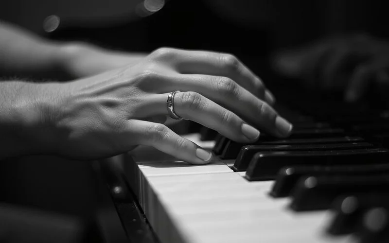 Adult hands on piano keys with a relaxed, expressive posture