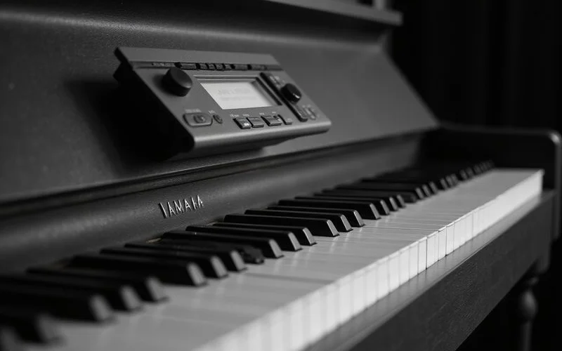 Close-up of a Yamaha piano keyboard with a discreet silent-system control