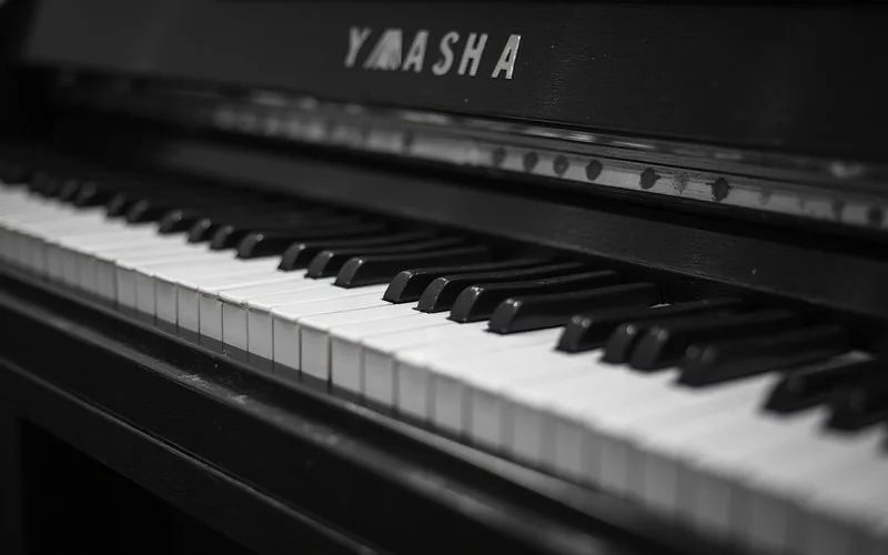 Close-up of a Yamaha upright piano fallboard and keys