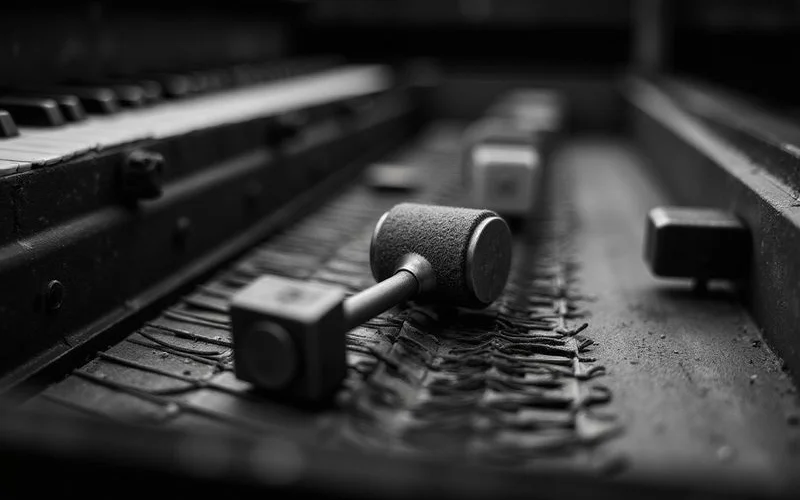 Close-up of an acoustic piano's hammers and strings