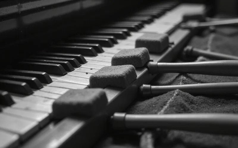Close-up of piano hammers and strings during voicing