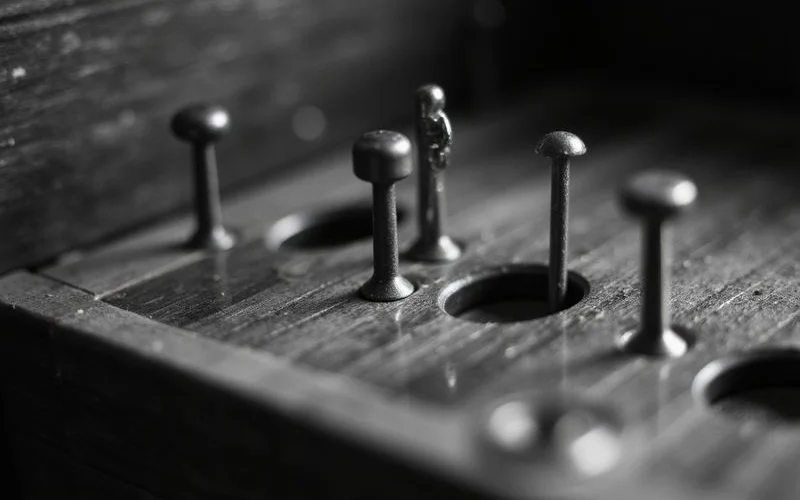 Close-up of piano tuning pins and the pinblock