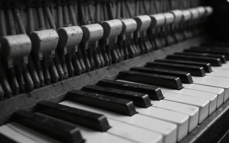 Detail of an older piano's restored action mechanism