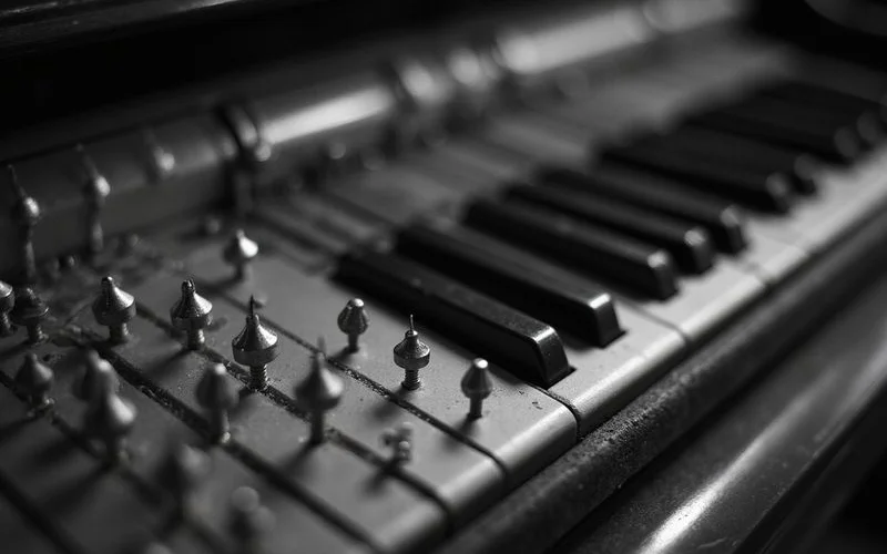 Detail of piano strings and tuning pins mid-adjustment