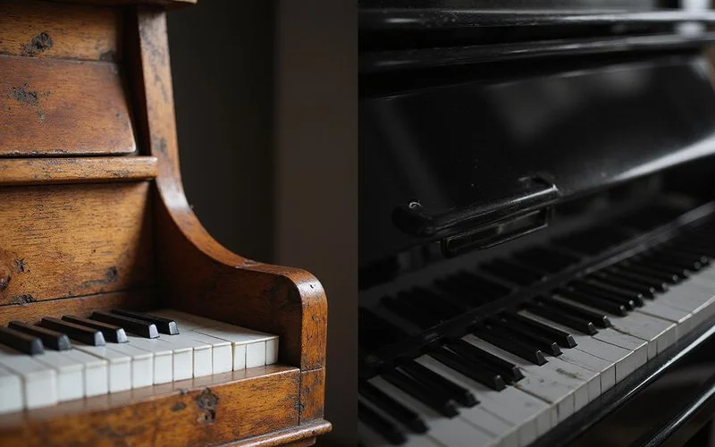 Detail of restored vintage casework next to a modern piano finish