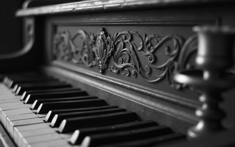 Detail of vintage piano fretwork and brass candle sconces