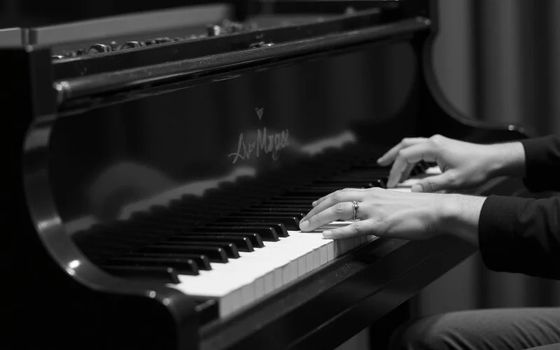 Hands trying the keys of a grand piano in a private viewing room