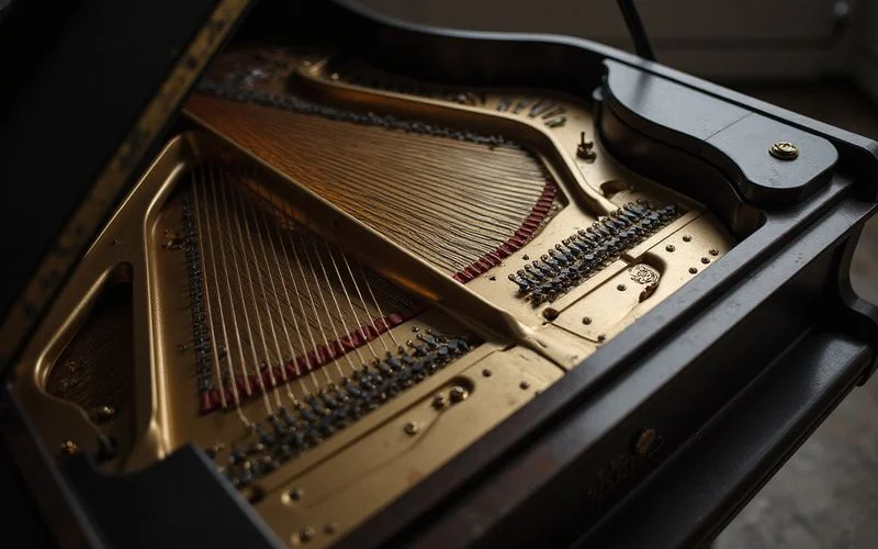 Overhead view of a grand piano's open lid and strings