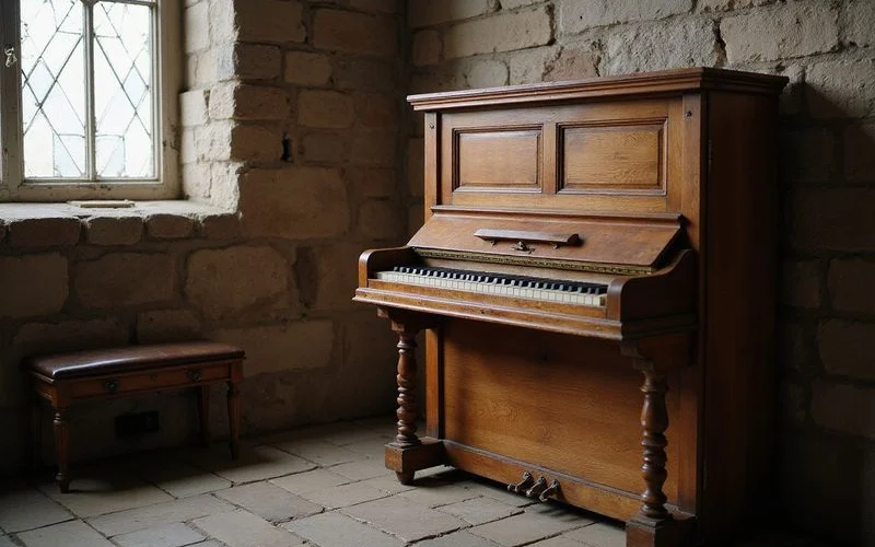 A restored vintage upright piano in a church interior