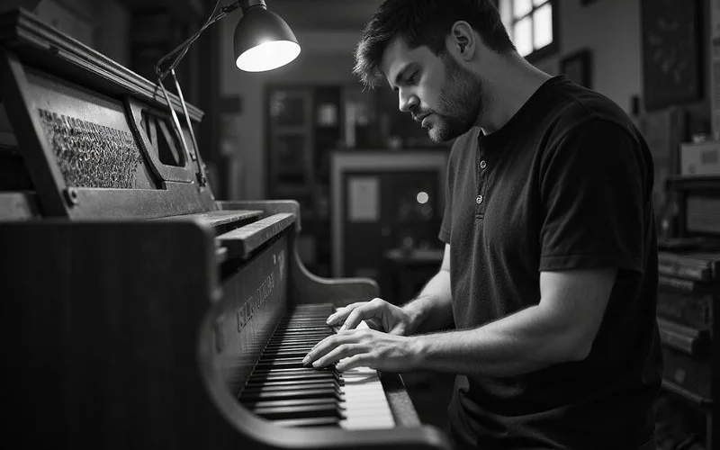 A technician carefully assessing a used piano in a workshop