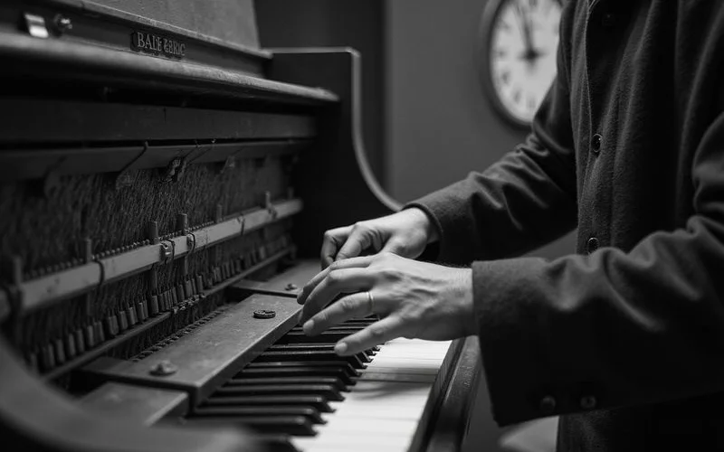 A technician inspecting the interior of a new piano during a quality check