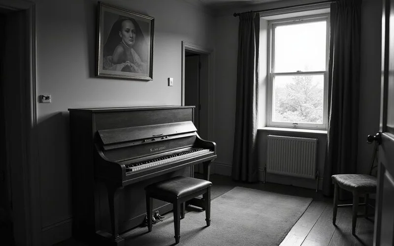 An upright piano placed against a living room wall in a home