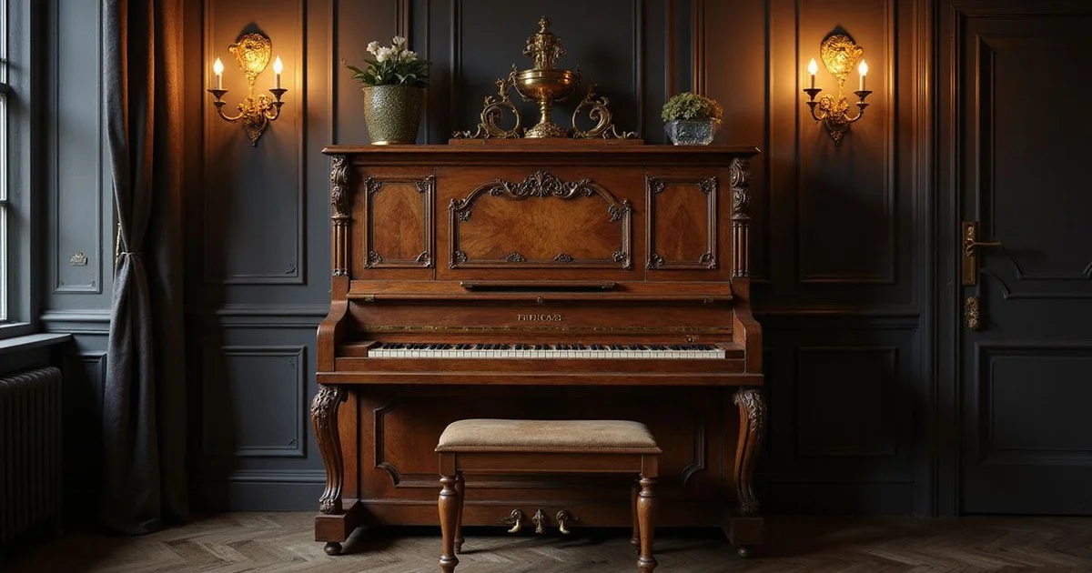 A beautifully restored vintage upright piano with rich wood casework
