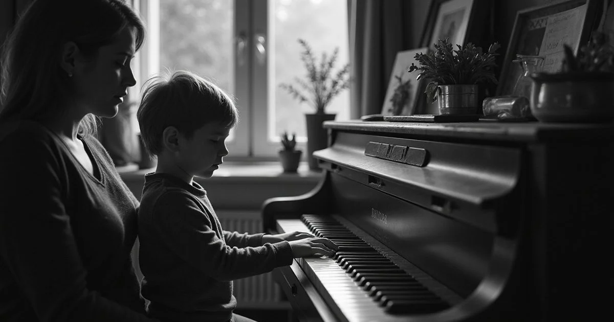 A child practising at an upright piano at home with a parent nearby