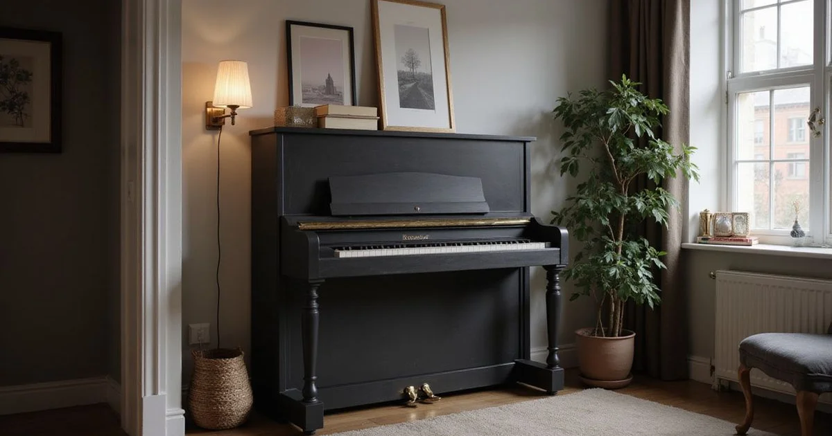 A compact upright piano in a small modern apartment living space