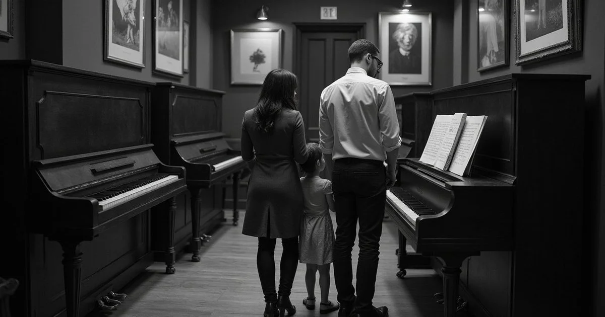 A family considering an upright piano in an elegant showroom