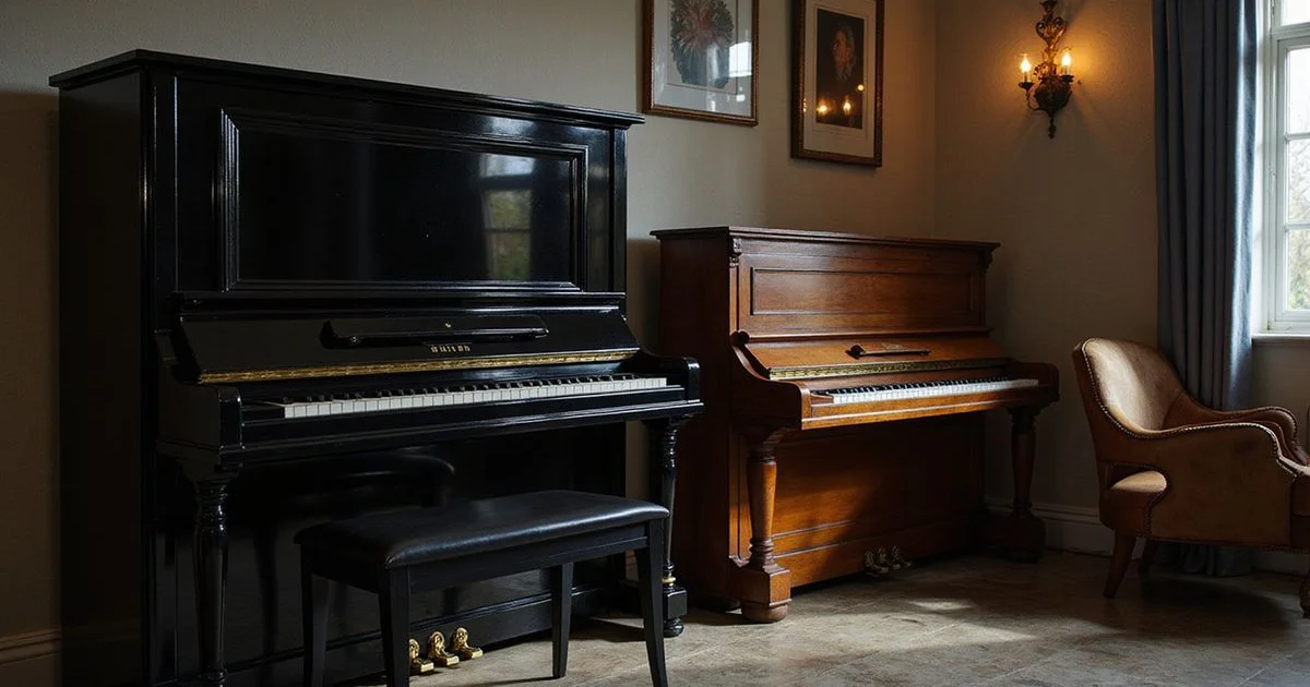 A new piano beside a restored vintage piano in the showroom