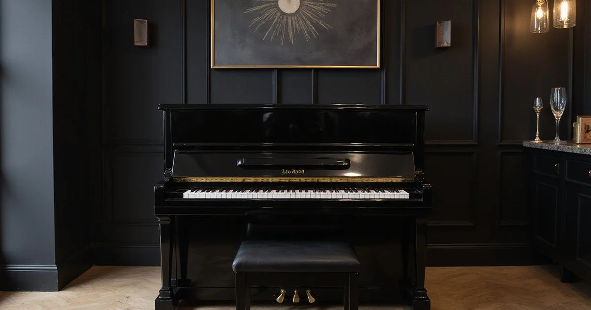 A new upright piano in an elegant showroom