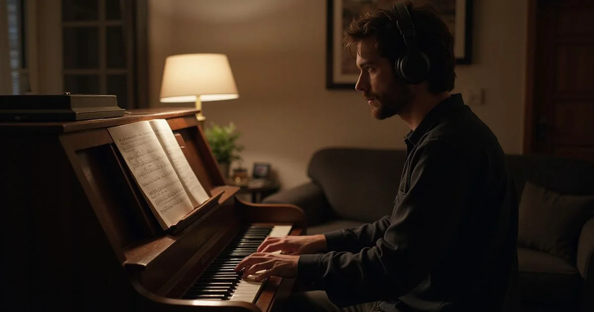 A person practising an upright piano with headphones in a quiet living room