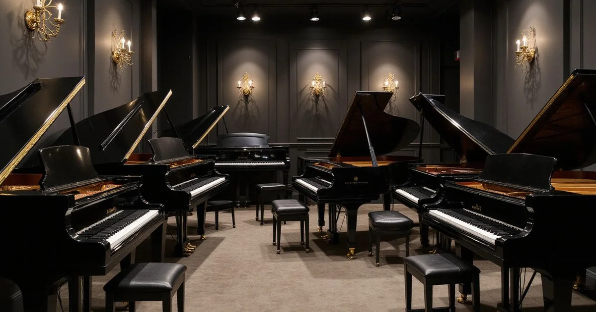 A range of upright and grand pianos arranged in an elegant showroom