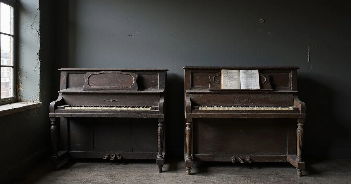 A restored vintage piano beside an as-found older piano, showing the contrast in condition