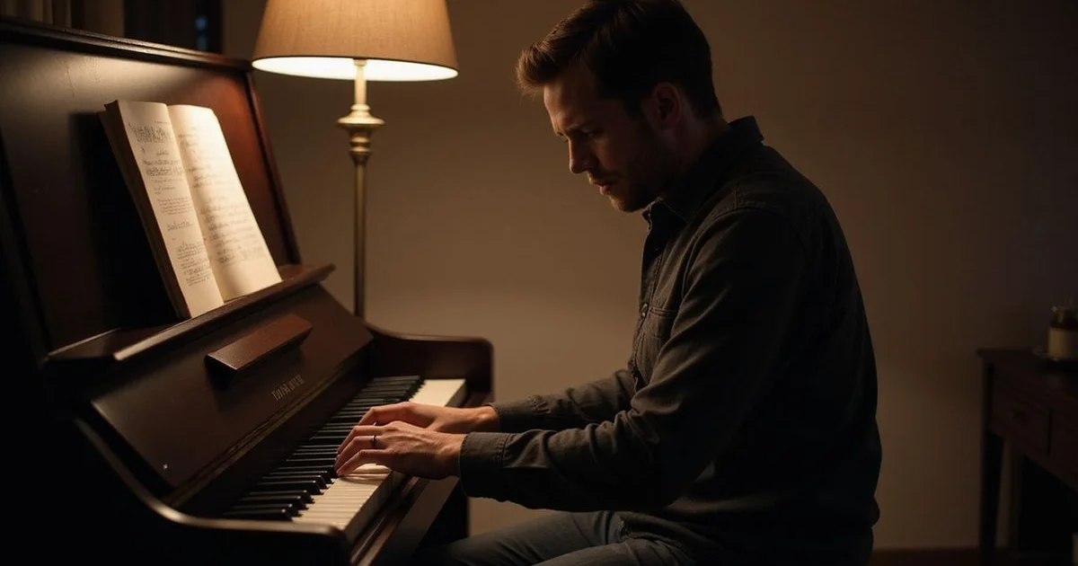 An adult playing an upright piano contentedly at home in the evening
