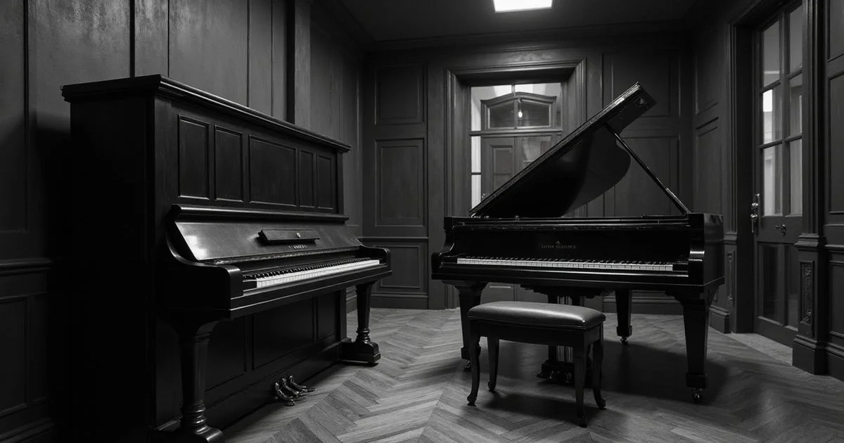 An upright piano and a grand piano shown together in an elegant showroom