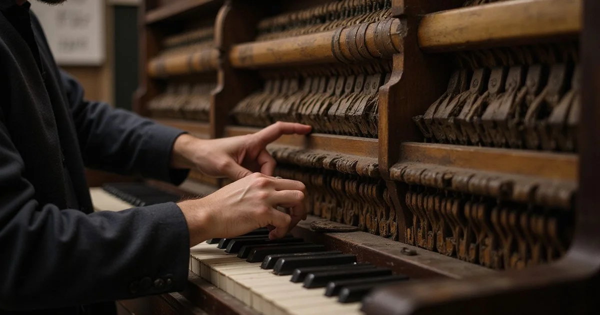 A piano technician regulating the action of an upright piano in the Keys & Co. workshop