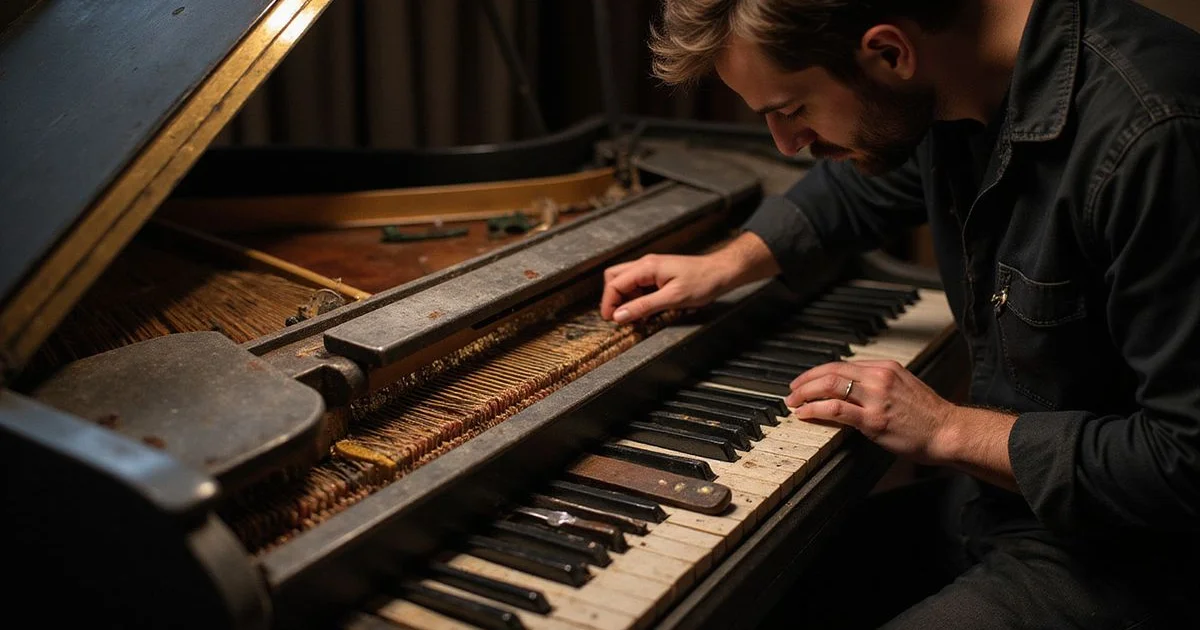 A technician working across the strings of a long-neglected piano