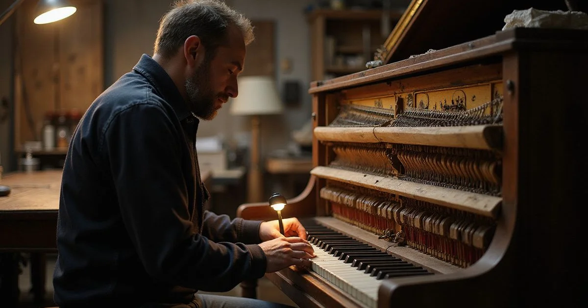 A technician inspecting the soundboard and strings of an older upright piano