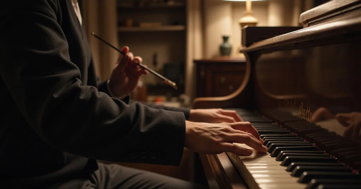 A technician tuning an upright piano with a tuning lever