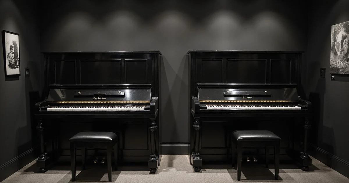 Two upright pianos of different makes side by side in a refined showroom