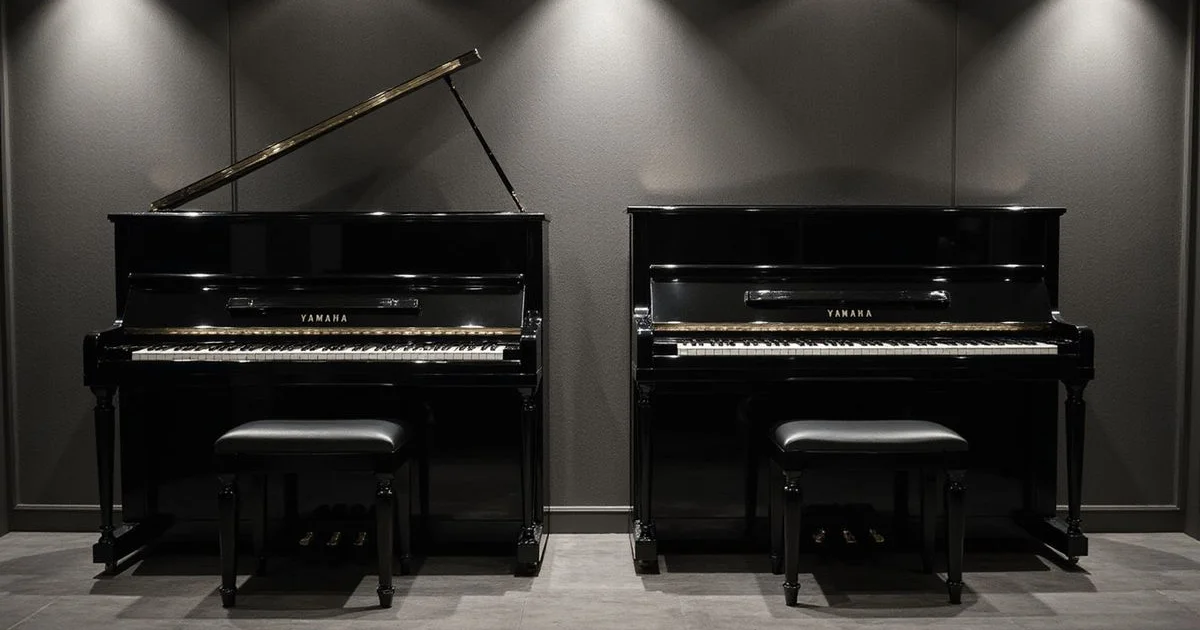 Two Yamaha upright pianos of slightly different heights side by side