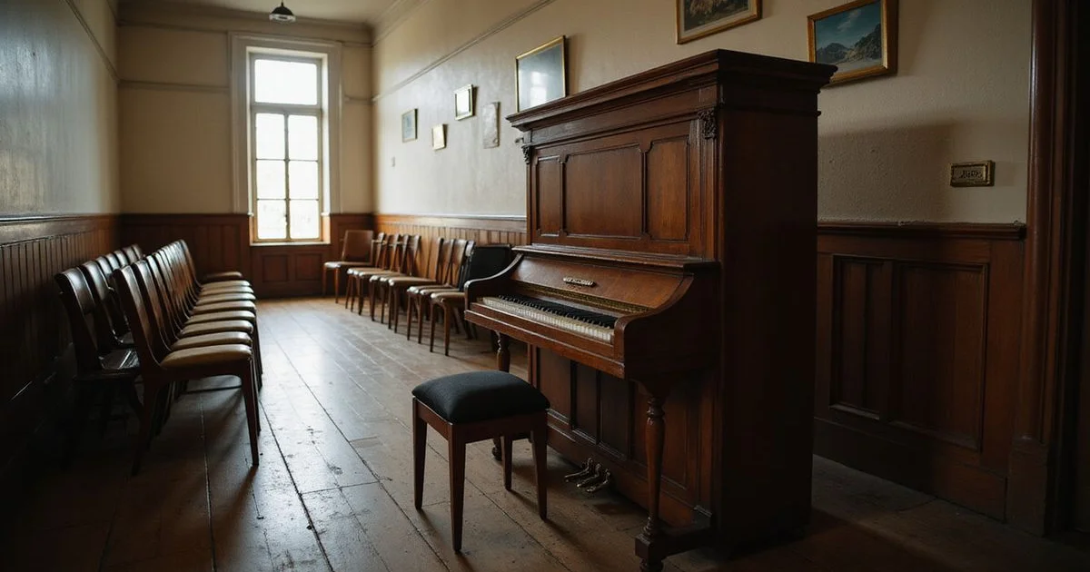 An upright piano in a school hall, ready for use