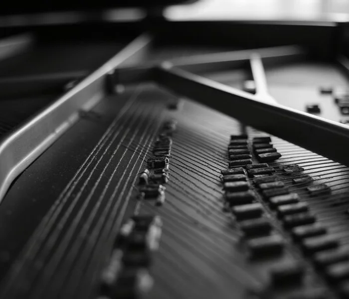 Detail of piano strings and hammers