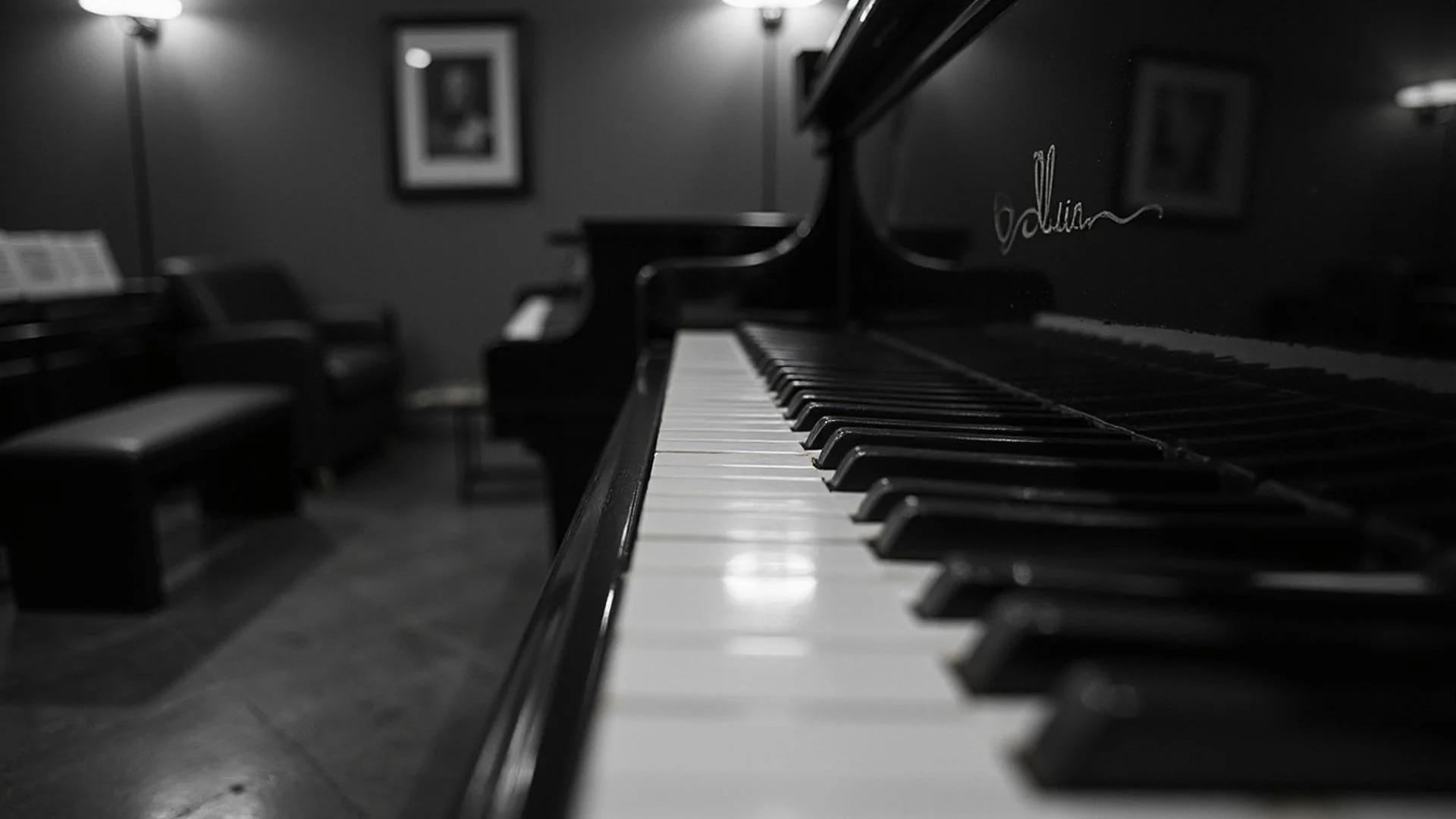 Close-up of grand piano keys in the Keys & Co. Harrogate showroom